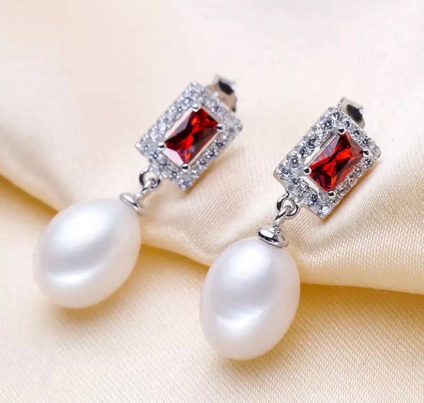 Elegant Ruby and Diamond Freshwater Pearl Earrings.