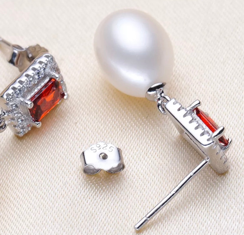 Elegant Ruby and Diamond Freshwater Pearl Earrings.