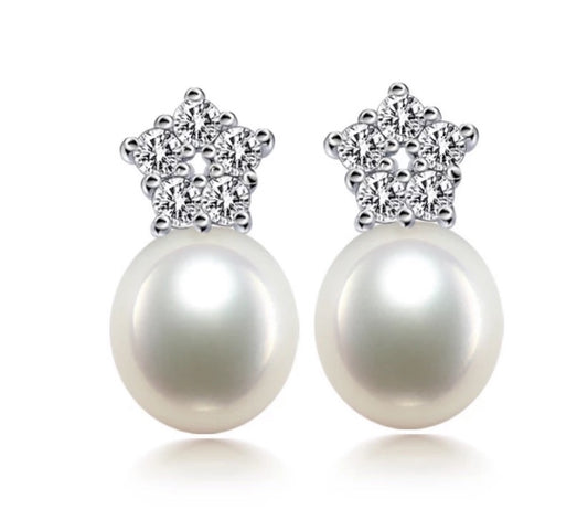 Diamond Star and Freshwater Pearl Earrings.