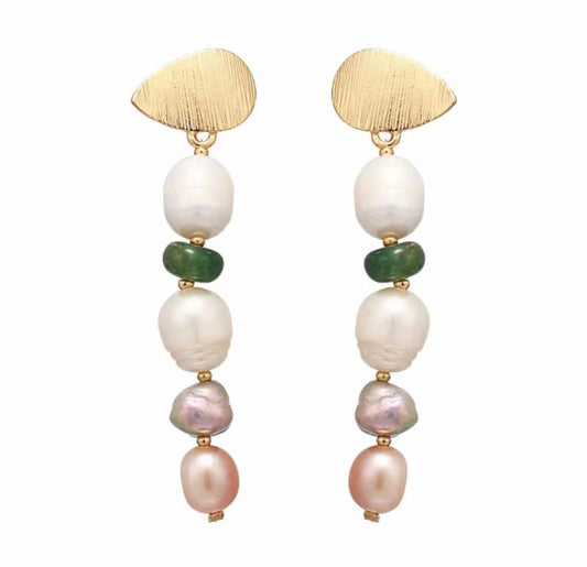 Luxurious White, Pink and Purple Freshwater Pearl Earrings with Green Jade.