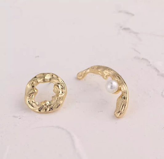 Moon and Sun Geometric Stud Pearl Earrings.