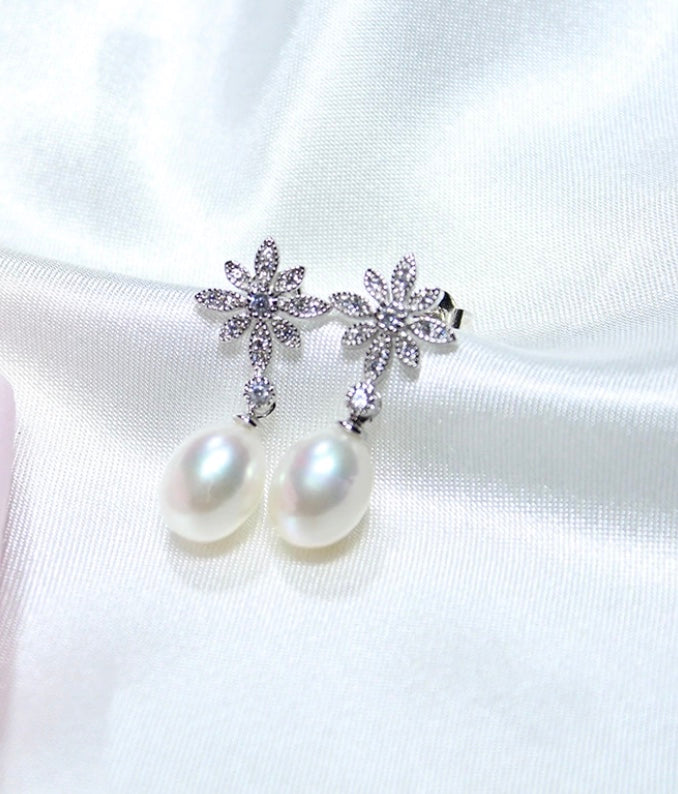 Vintage Flower Diamond and Freshwater Pearl Earrings.