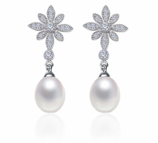 Vintage Flower Diamond and Freshwater Pearl Earrings.