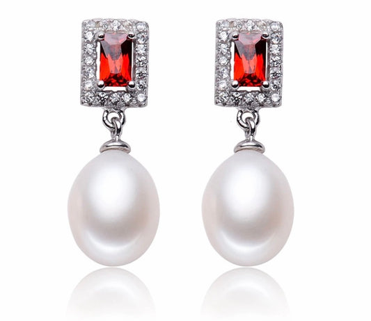 Elegant Ruby and Diamond Freshwater Pearl Earrings.