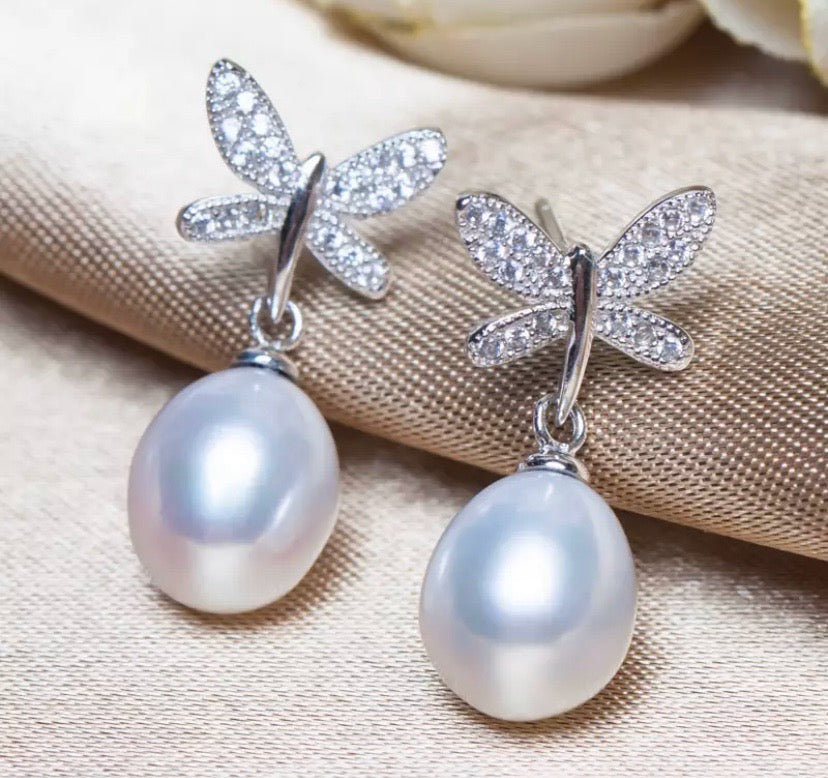 Butterfly Diamond and Freshwater Pearl Earrings.