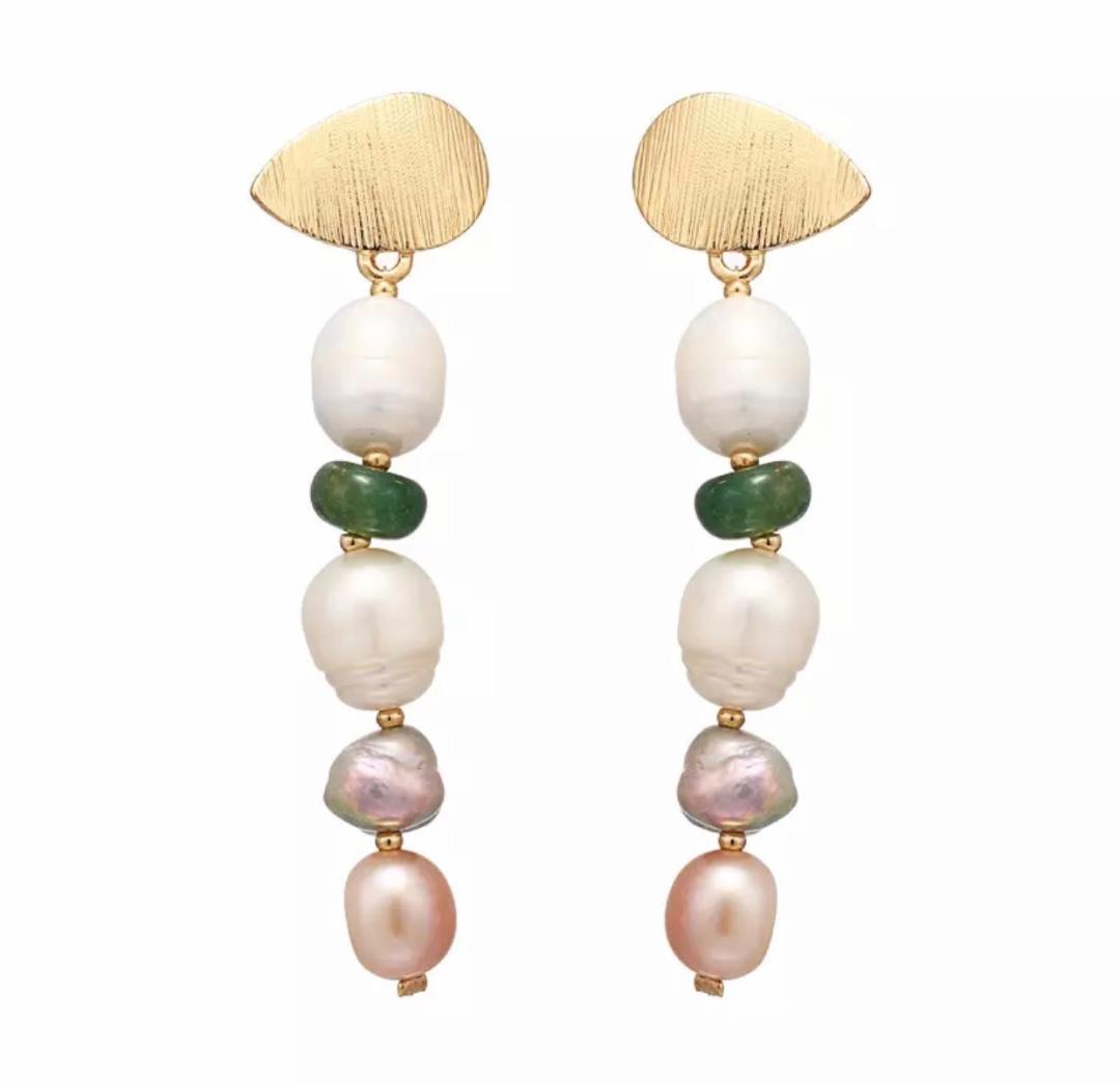 Luxurious White, Pink and Purple Freshwater Pearl Earrings with Green Jade.